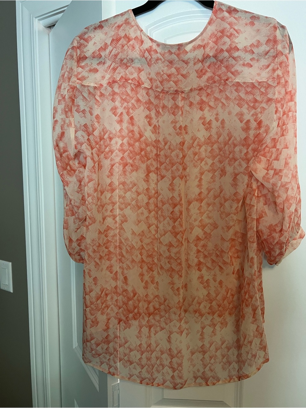 CAbi Emerson Blouse Coral-Pink Patterned Button Front Top - Picture 4 of 6